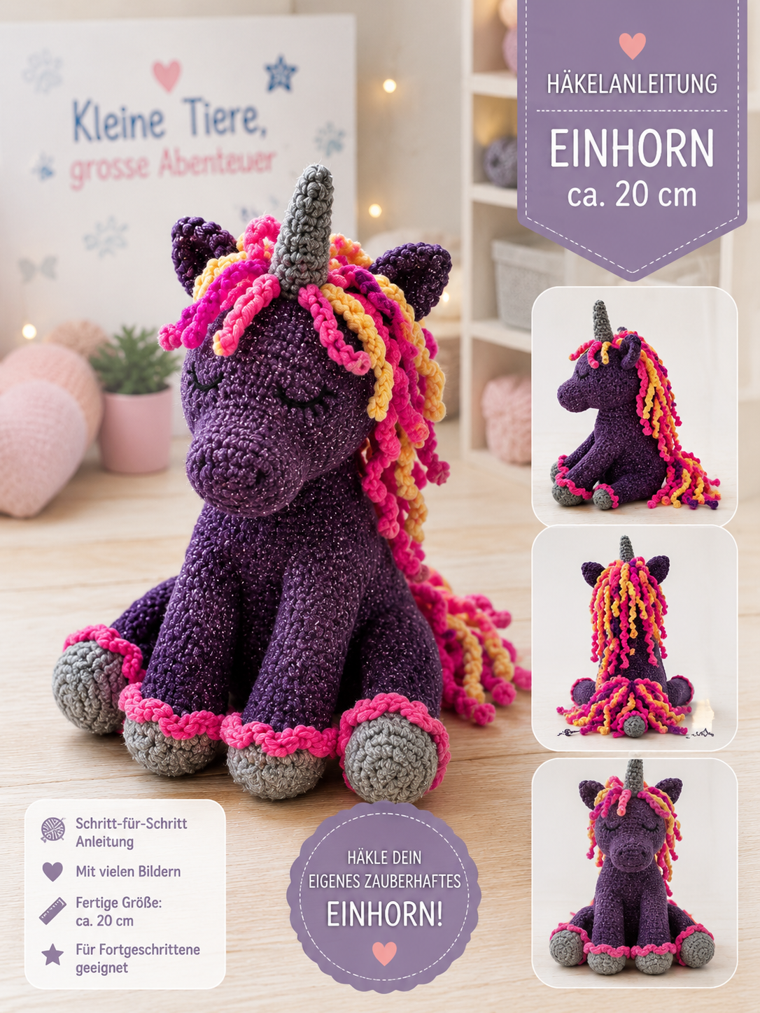 Häkelanleitung Einhorn – ca. 20 cm 🦄✨